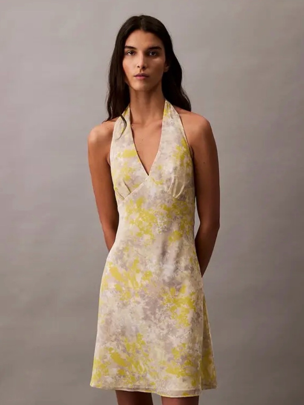 Calvin Klein Georgette Halterneck Mini Dress in Yellow Floral